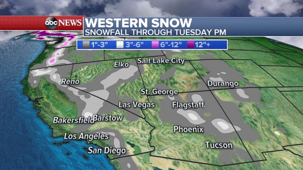 Significant snowfall is expected through tonight in at least a half-dozen western states.