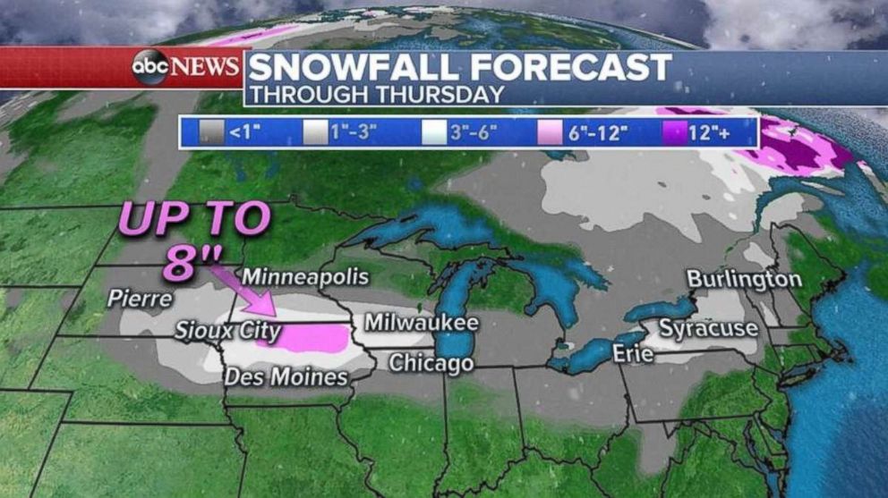 Northern Iowa may see 8 inches of snow through Thursday.