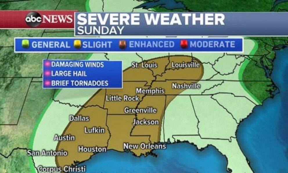 PHOTO: Severe weather is expected Sunday throughout much of the South and Midwest.