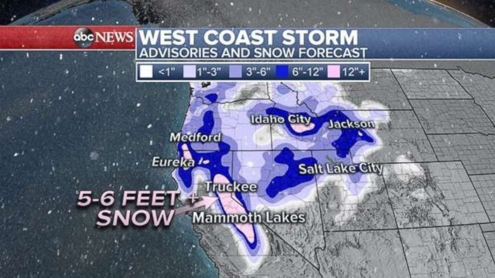 PHOTO: The Snow forecast shows over 5-6 feet for the Sierras through Saturday.