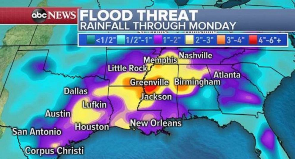 PHOTO: Flooding will threaten the South through Monday.