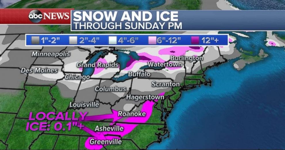 Snow and ice are expected through Sunday night in the Northeast and Upper Midwest.