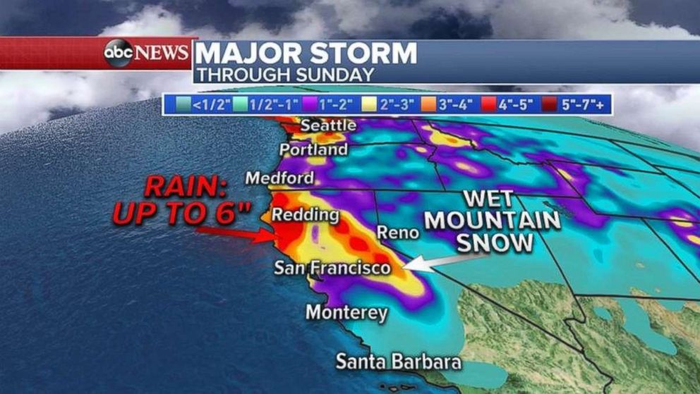 Parts of California may see up to 6 inches of rain through Sunday.