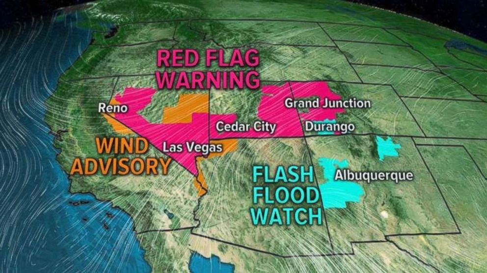 Flash flood watches, red flag warnings and wind advisories are bumping up into each other in the Southwest.
