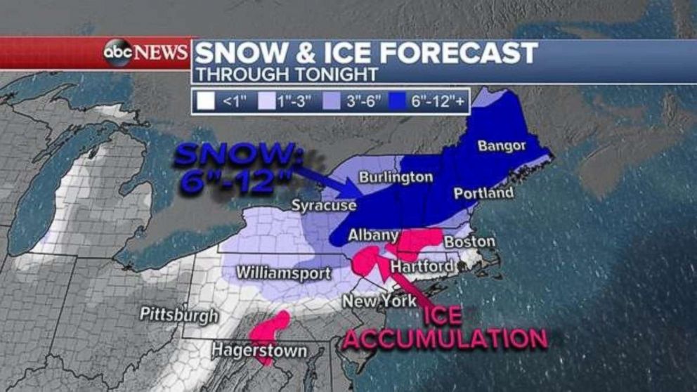 PHOTO: The snow and ice forecast for upstate New York and Maine is 6”-12” with ice accumulation possible in the Hudson Valley, western Massachusetts and Connecticut through this evening.