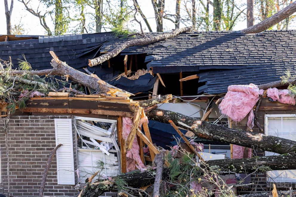 PHOTO: Part of Patti Beeker's house is damaged as a result of severe weather in the area, Nov. 30, 2022, in Eutaw, Ala.