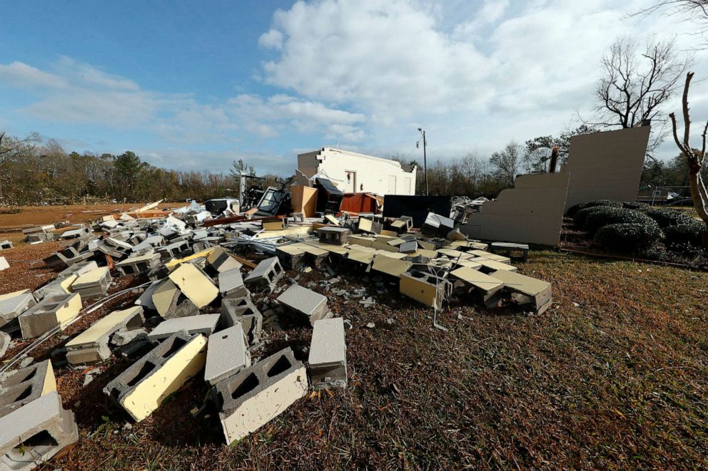 PHOTO: Cinder blocks from the Flatwood Community Center are strewn about, Nov. 30, 2022, in Flatwood, Ala., following a severe storm.