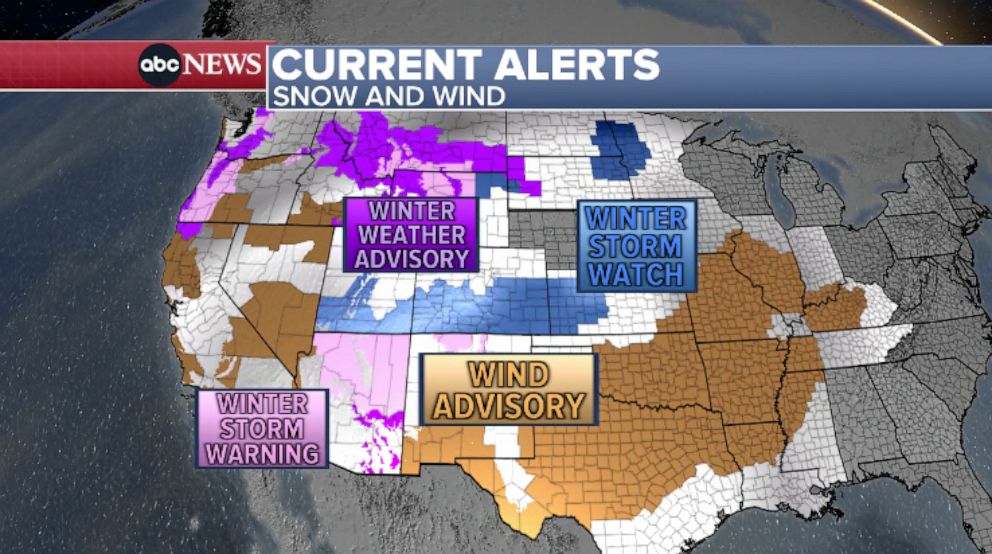 PHOTO: Current snow and wind weather alerts for the West Coast for Feb. 14, 2013.