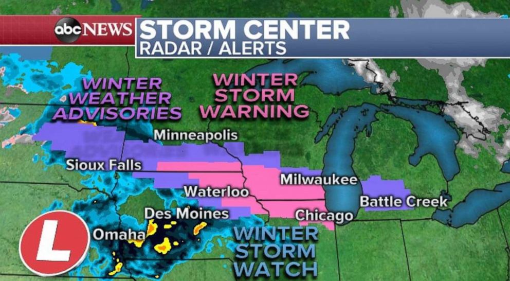 PHOTO: Winter weather alerts are in place for the plains and the Midwest Saturday.