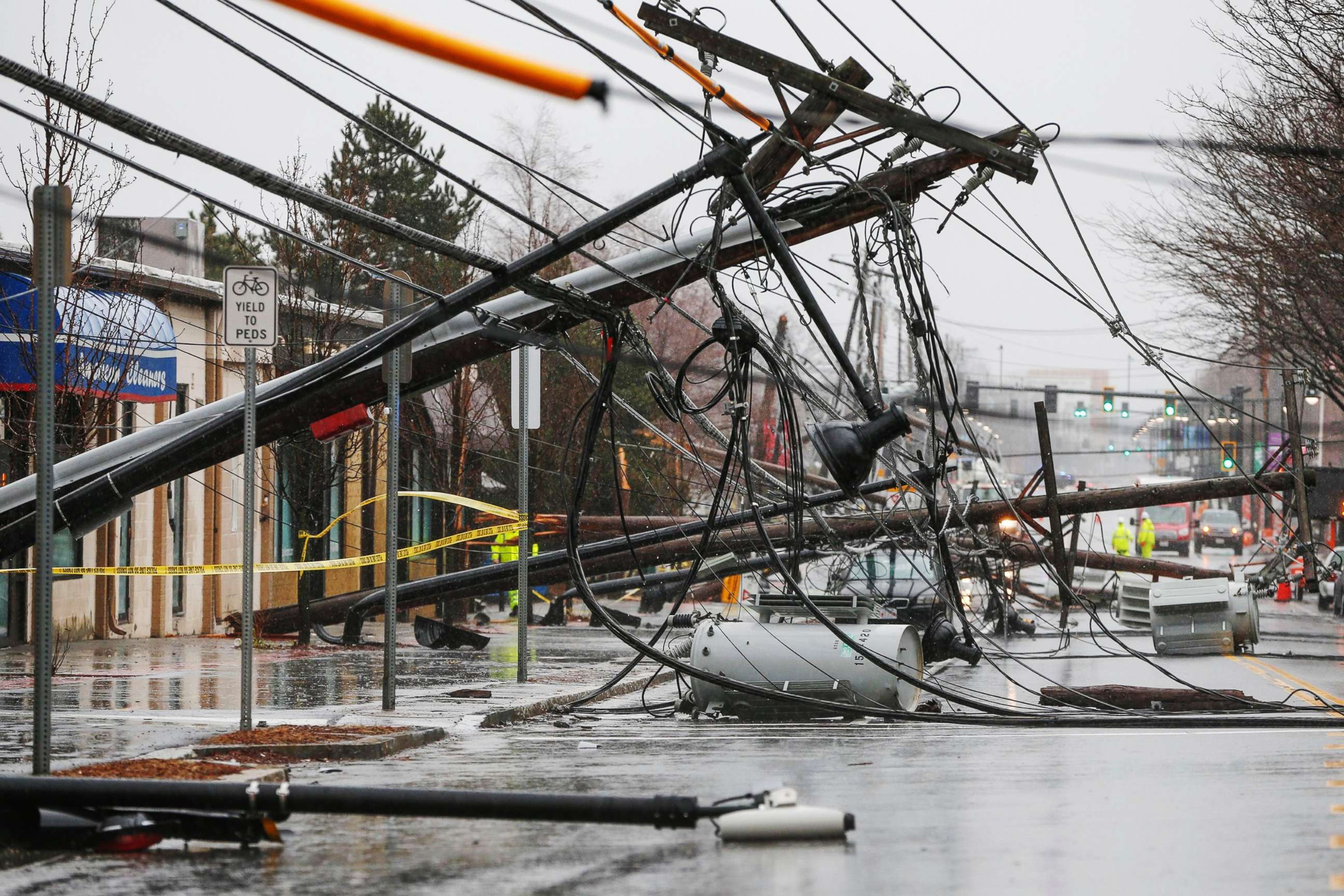 PHOTO: Wind knocks down power poles onto Arsenal Street in Watertown, Mass., March 2, 2018.