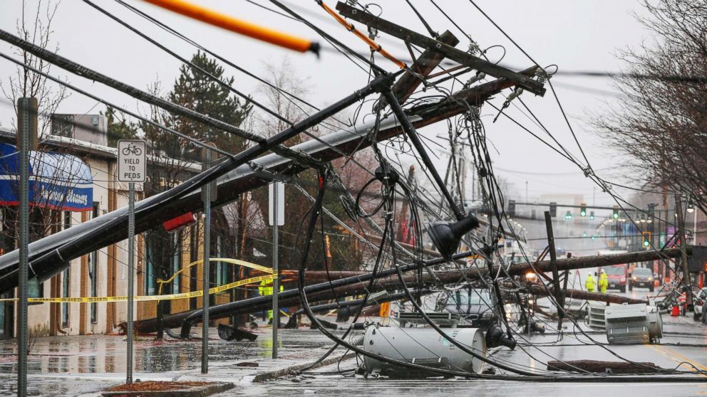 PHOTO: Wind knocks down power poles onto Arsenal Street in Watertown, Mass., March 2, 2018.