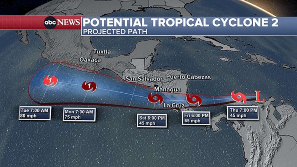 PHOTO: An ABC News weather graphic shows the projected path of potential tropical cyclone 2.