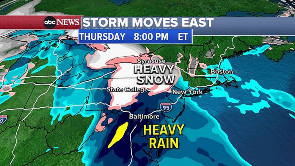 PHOTO: Storm system will move east into the Northeast with heavy snow inland and rain for the coastal areas by Thursday