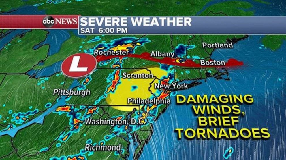 PHOTO:  Severe storms, including the risk for possible tornadoes and damaging winds will be possible from Maryland to New York today, including Philadelphia and New York City.