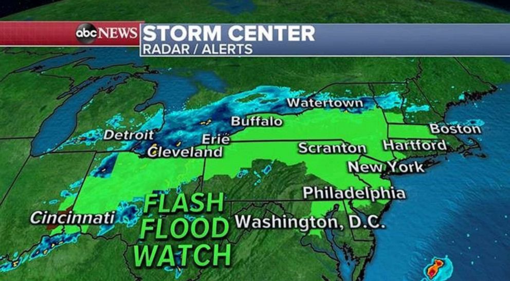 PHOTO: Flash flood watches are in effect from Indiana to Massachusetts. The rainfall threat across parts of the northeast is particularly concerning. The region is well above average for rainfall.