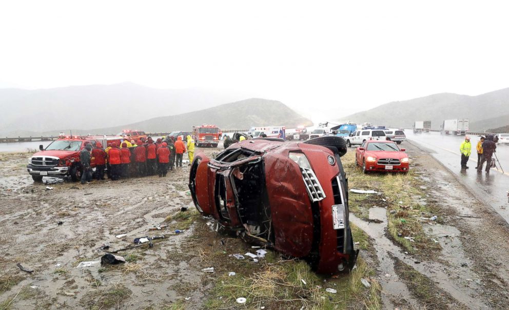 PHOTO: An overturned vehicle is seen at a scene of a fatal accident along Interstate Highway 5 south of Pyramid Lake, Calif., Feb. 2, 2019.