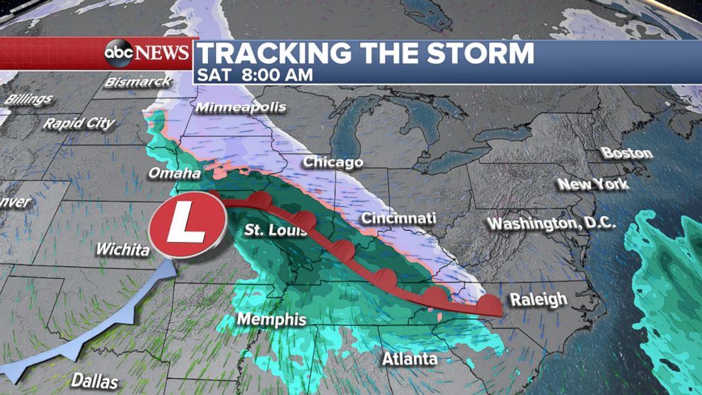 PHOTO: An ABC News weather map shows a winter storm moving across the Midwest, spreading snow from Minneapolis to south of Chicago by early Saturday, March 24, 2018.