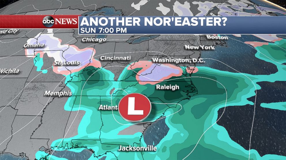 PHOTO: Weather map showing the possibility of another Nor'easter affecting the northeast. By Sunday the low pressure will reach the Carolinas and beyond that is where uncertainty grows regarding the track that the coastal storm will take.