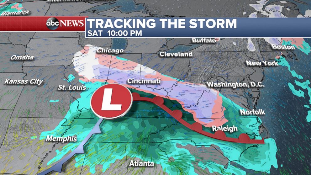 PHOTO: An ABC News weather map shows a winter storm tracking across the Ohio Valley and into the Mid-Atlantic on Saturday evening, March 24, 2018, before moving off the coast.