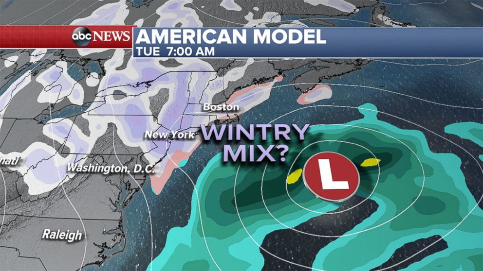 PHOTO: Weather map showing the American model with a coastal storm off the coast, close enough for possibly some snow and wind, but far enough to bring only minor impacts. 