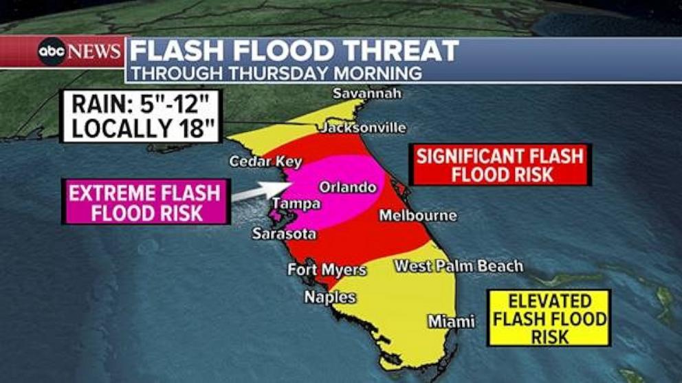 PHOTO: This weather map shows the flash flood threat in Florida and Georgia through Thursday morning. 