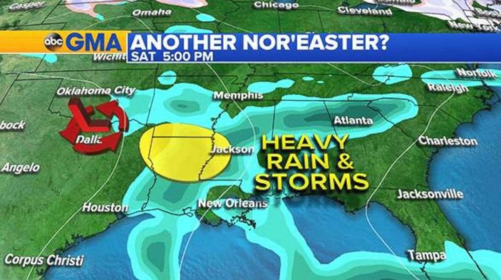 PHOTO: Weather map shows a few strong to severe thunderstorms are possible within the area highlighted in yellow this evening into the overnight. 