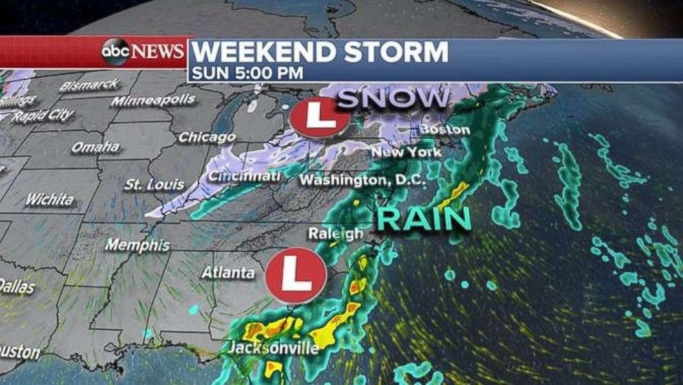 PHOTO: The weekend storm begins in the Plains and Midwest on Saturday before moving east across the Great Lakes and eventually reaching the Northeast on Sunday with areas of heavy snow inland.