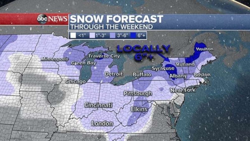 PHOTO: The snow forecast through the weekend shows heaviest accumulation across interior Northeast where over half a foot is possible.