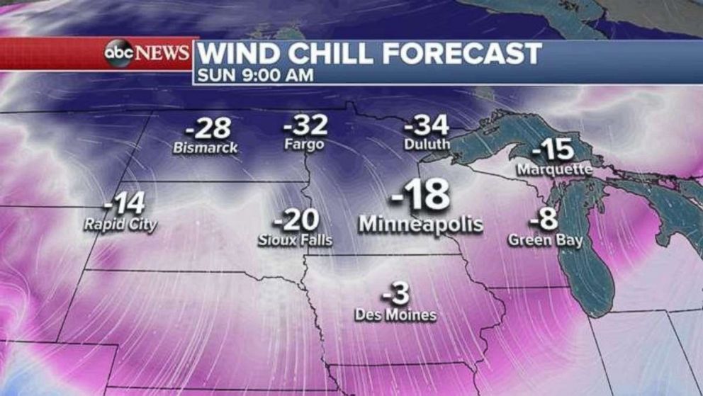 PHOTO: A major cold blast coming to the Northern Plains and Upper Midwest on Sunday, just in time for all the people to be in Minneapolis for Super Bowl.
