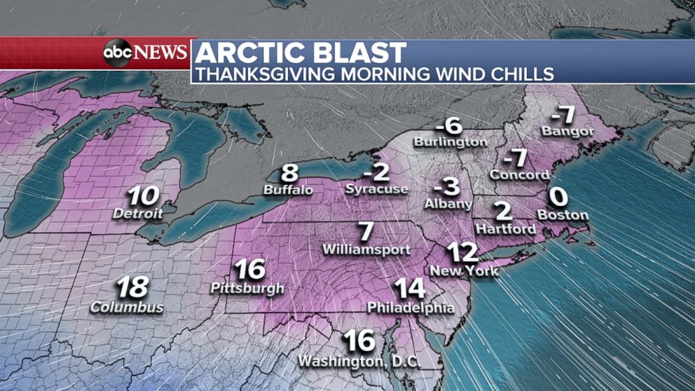 PHOTO: Arctic Blast! Thanksgiving morning wind chills weather map.