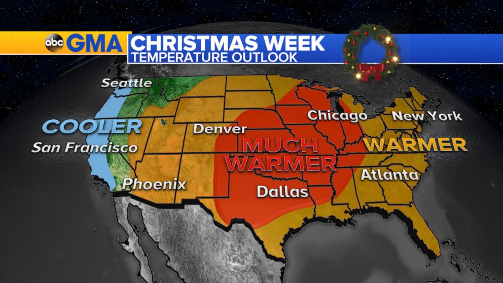 PHOTO: Weather forecasts for Christmas week show mostly warmer temperatures in the U.S.