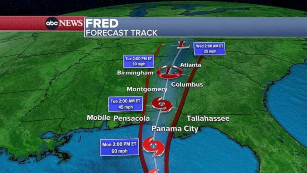PHOTO: A forecast track for Fred released on Aug. 16, 2021, predicts landfall around 5 p.m. between Panama City and Pensacola, Fla.