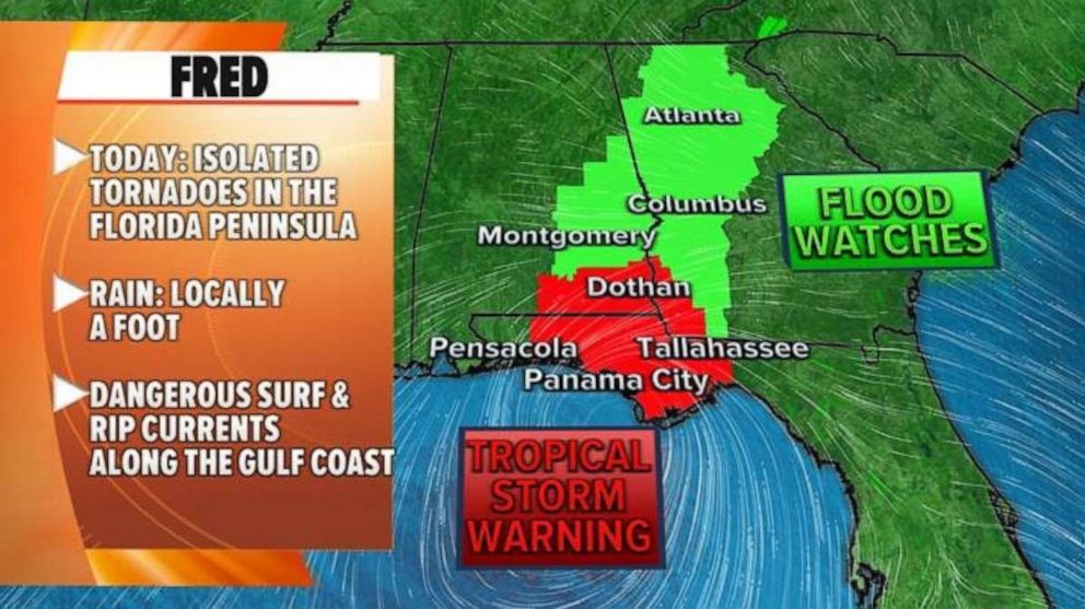 PHOTO: Meteorologists believe the biggest threat with Fred will be flooding rain in Alabama and Georgia, and a few tornados.