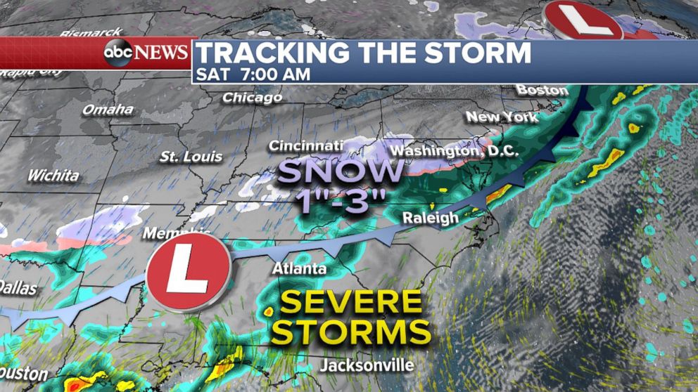 PHOTO: Snow and storms move east on Saturday morning, April 7, 2018.