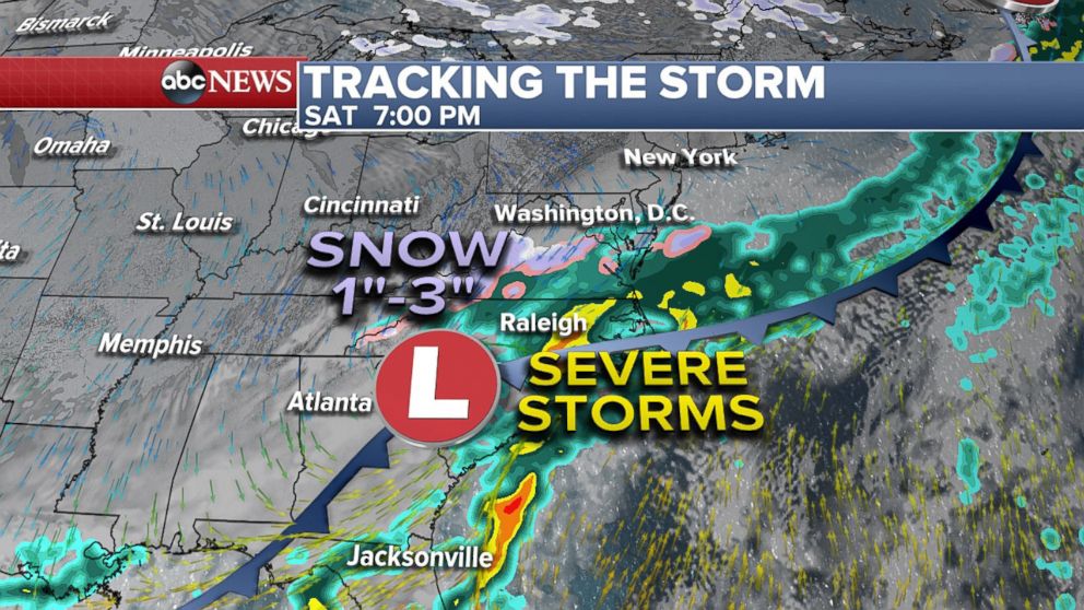 PHOTO: There is a possibility of 1"-3," along with severe storms, on the East Coast Saturday evening, April 7, 2018.