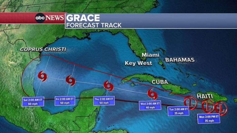 PHOTO: A forecast track released on Aug. 16, 2021, shows Grace crushing past Cuba and passing over the Gulf of Mexico.