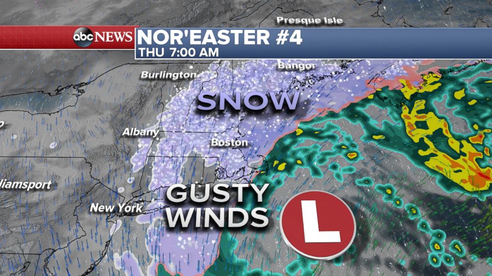 PHOTO: ABC News meteorologists predict that as the nor'easter exits the region, it will leave behind gusty winds and lingering snow on March 22, 2018.
