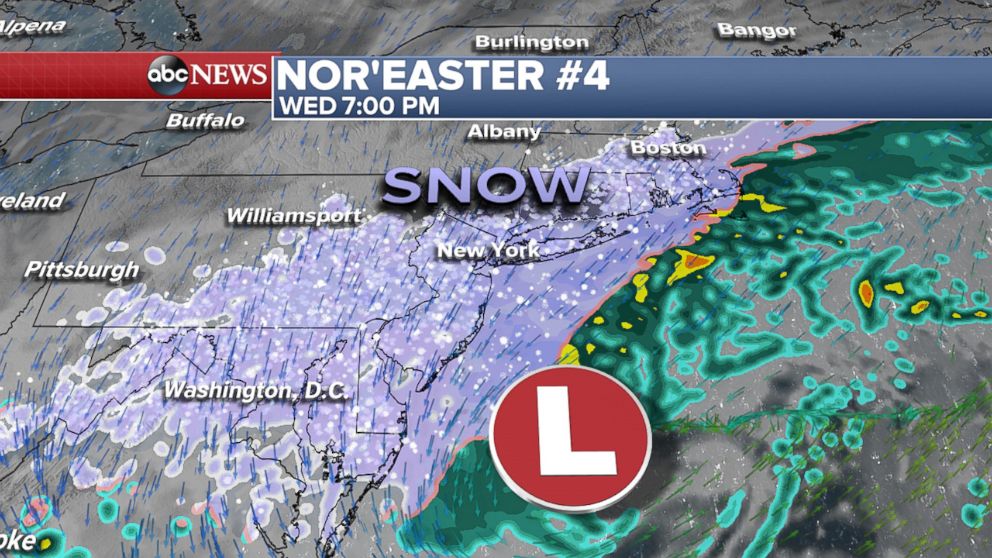 PHOTO: ABC News meteorologists predict that by 7 p.m., we will see the nor'easter moving up the coast, heavy snow continuing from Washington to New York and snow starting in Boston.