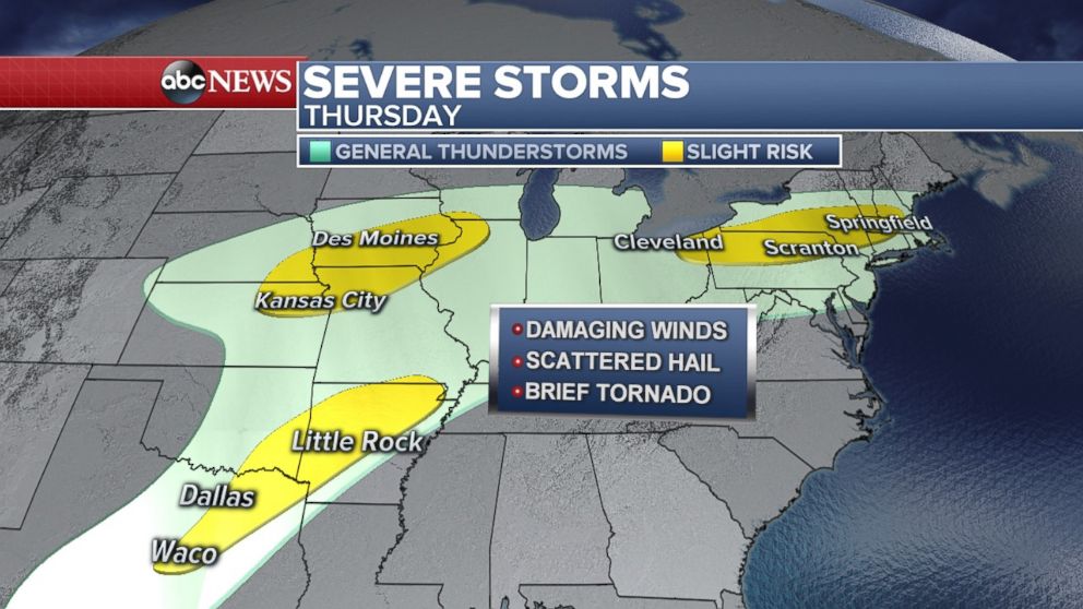 PHOTO: Three pockets of severe storms are possible today from Texas to the Northeast.