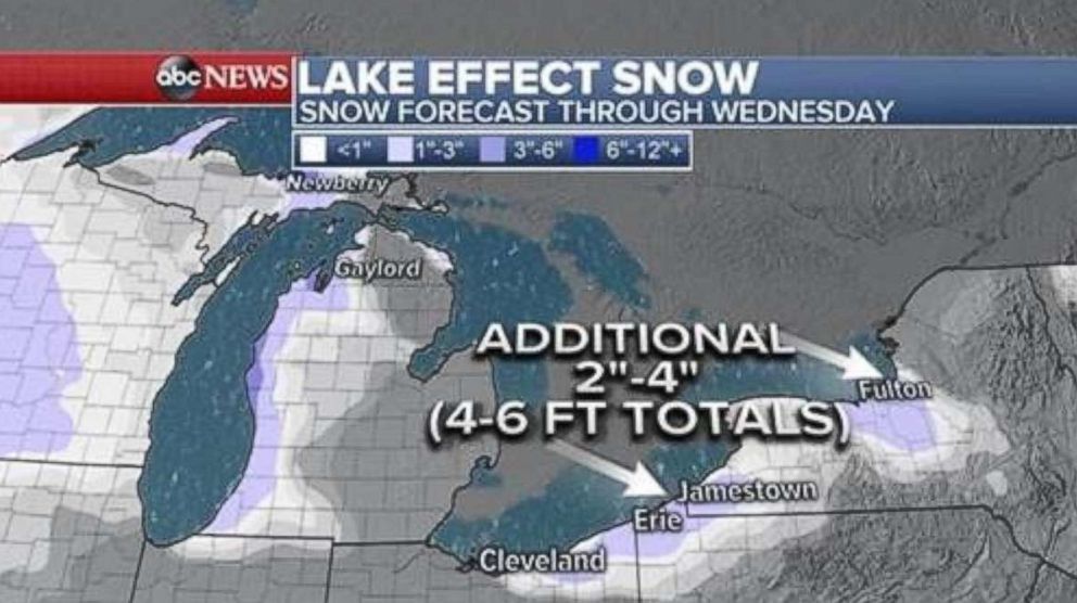 PHOTO: This weather map shows snow forecast through Wednesday.