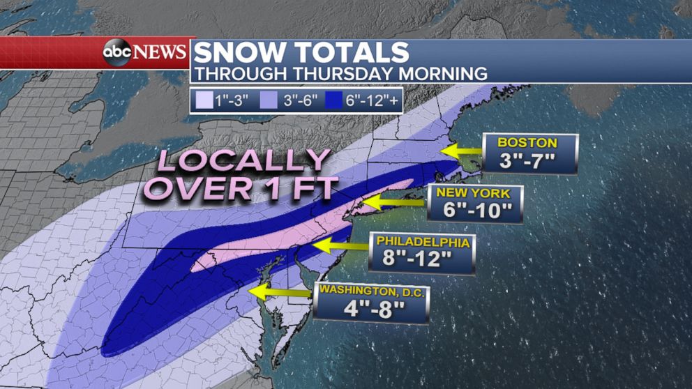 PHOTO: ABC News meteorologists predict snow totals up to and possibly exceeding 12-inches in some areas.