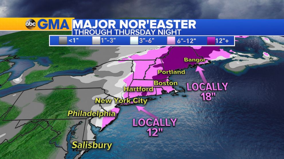PHOTO: Weather map showing snow fall forecast for Thursday on the east coast of the U.S., Jan. 4, 2018.