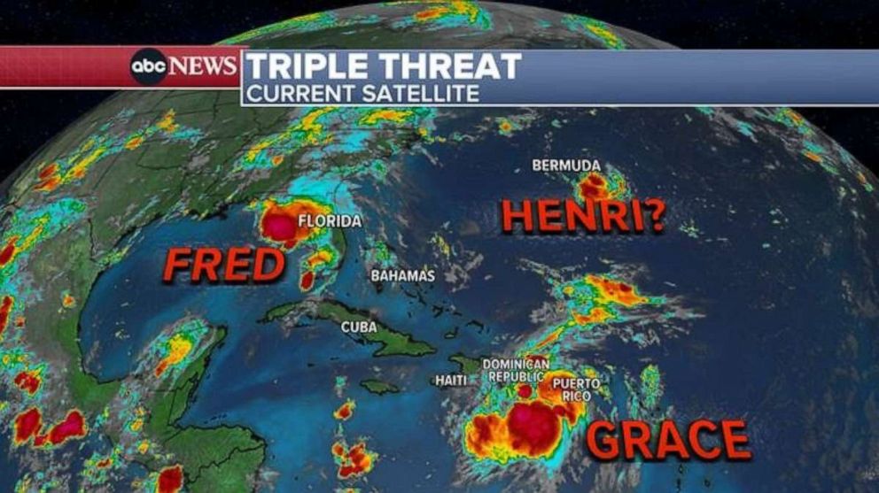 PHOTO: Satellite imagery shows three tropical cyclones in the Atlantic Basin on Aug. 16, 2021, Fred, Grace and a tropical depression expected to become Henri.