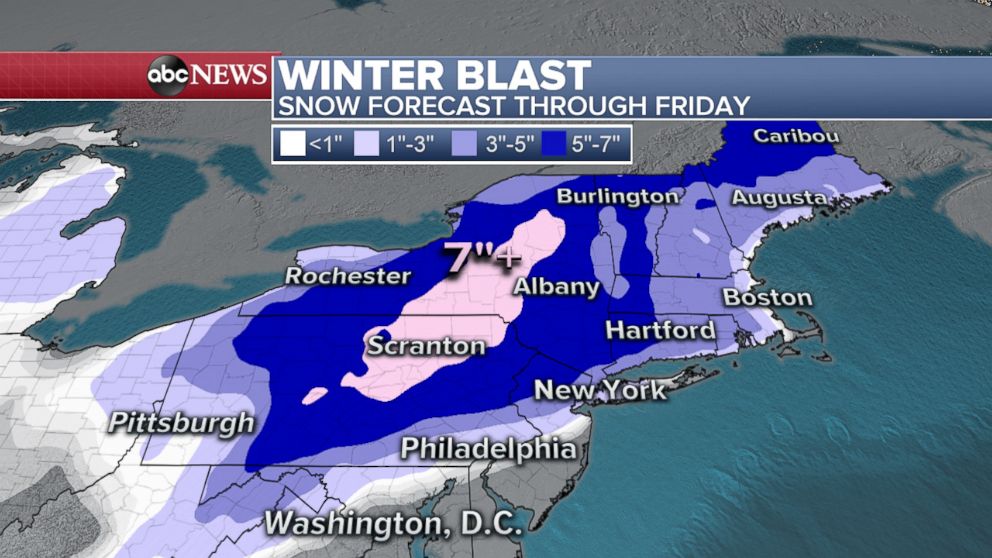 PHOTO: An ABC weather map shows the snow forecast for the Northeastern United States through Friday.