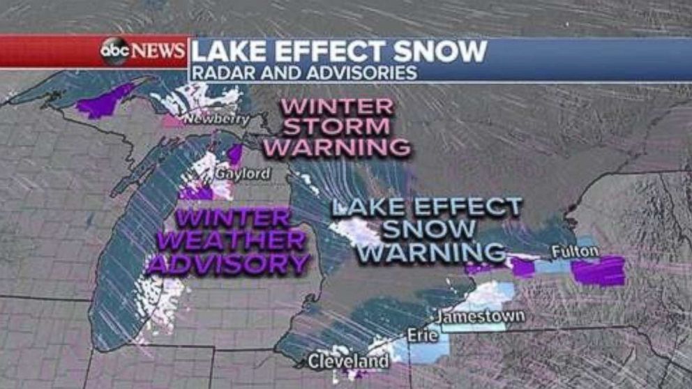 PHOTO: This weather map shows lake effect storm warnings.