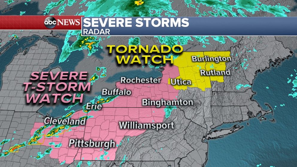 PHOTO: Radar and Watches: Severe Thunderstorm and Tornado Watches are in effect from Ohio to Vermont
