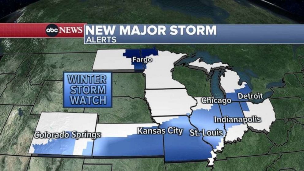 PHOTO: ABC News major storm alert and winter storm watch map. A new winter storm watch has been issued from Colorado to Michigan including major cities such as Kansas City, St. Louis, Chicago, Indianapolis and Detroit.