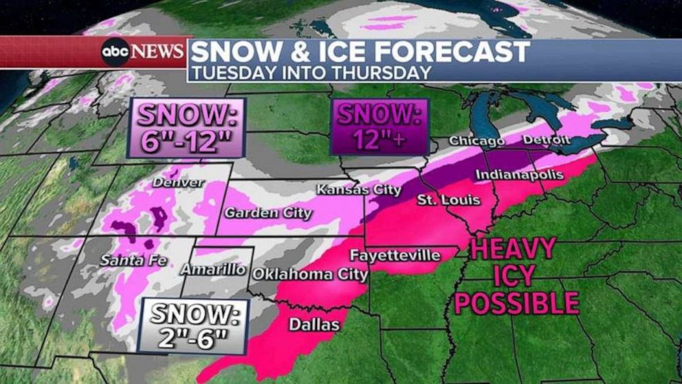 PHOTO:  ABC News snow and ice forcast is shown in a weather map. This new winter storm is expected Tuesday into Wednesday and Thursday.