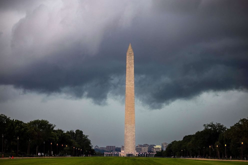 PHOTO: A summer derecho approaches the National Mall in Washington, DC, Aug. 7, 2023. For the first time in more than 10 years, the National Weather Service issued a rare 'Level 4' risk for severe storms across the DC region.