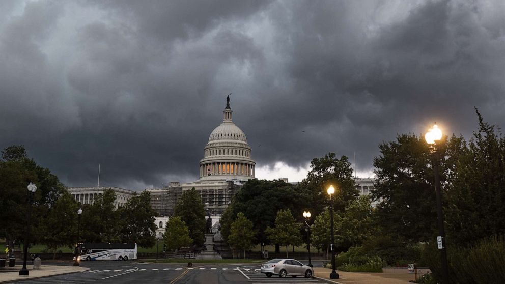 PHOTO: A summer derecho blows past the Capitol in Washington, DC, Aug. 7, 2023. For the first time in more than 10 years, the National Weather Service issued a rare 'Level 4' risk for severe storms across the DC region.